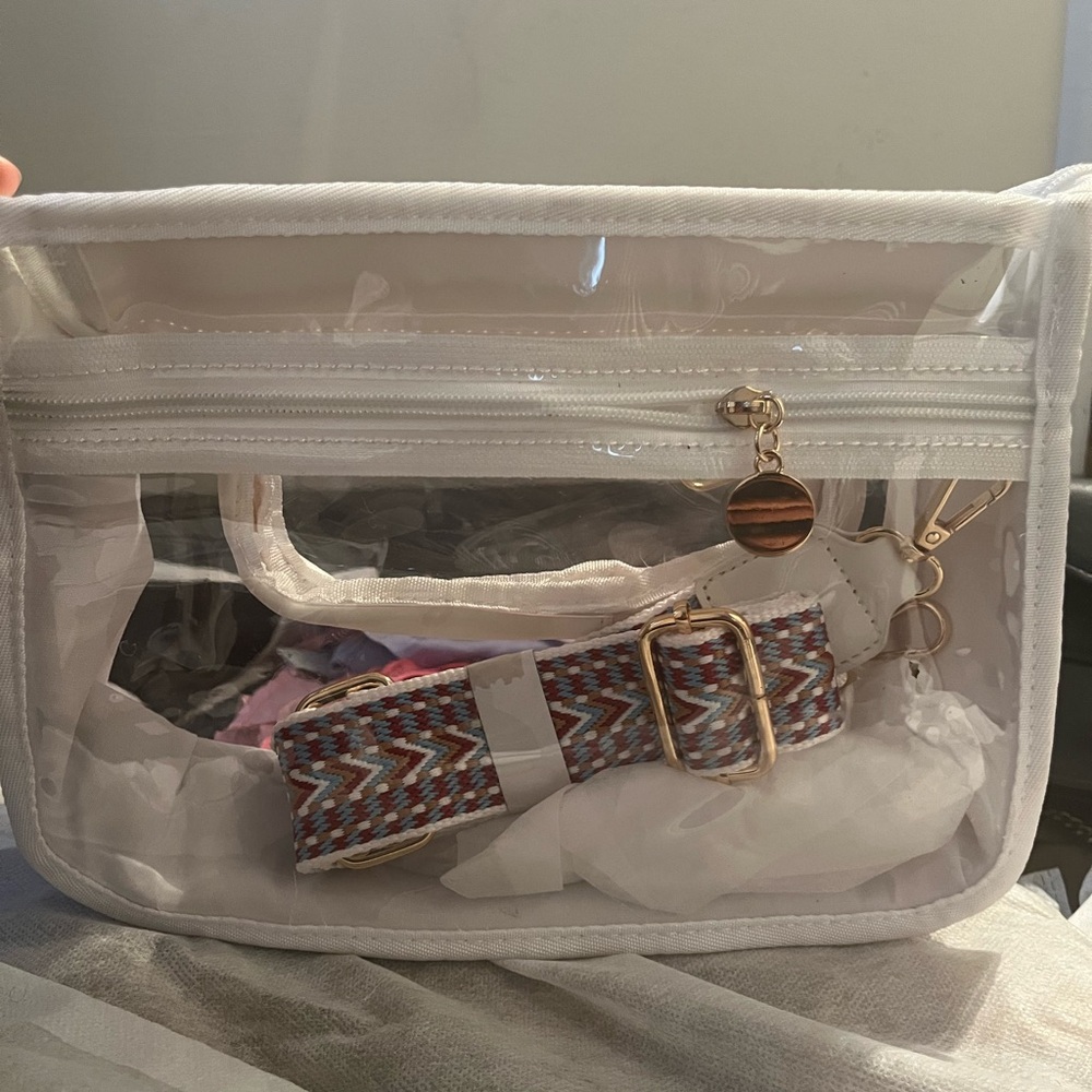 Clear White Crossbody Bag with Patterned Strap